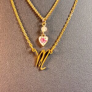 Vintage Layered Necklace Gold Initial M Floral Heart Cottagecore Boho Romantic